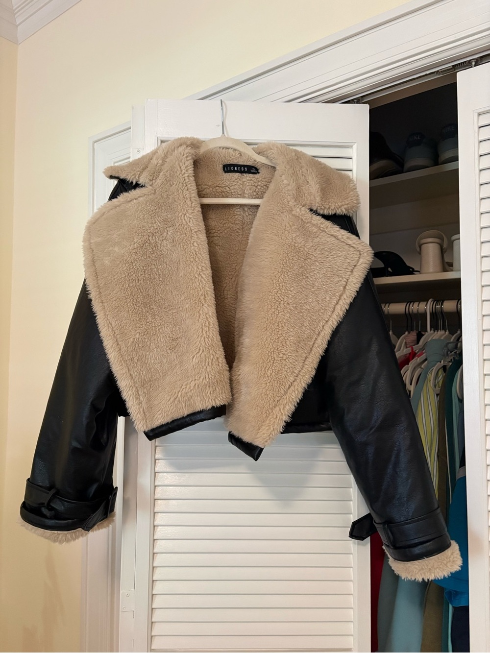 Lioness Black Faux Leather Bomber Jacket with Beige Shearling
